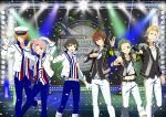  6+boys akizuki_ryo amagase_touma belt black_gloves blonde_hair blue_pants brown_eyes brown_hair buttons confetti f-lags_(idolmaster) fingerless_gloves gloves green_hair hair_between_eyes hair_over_one_eye headset idol idolmaster idolmaster_side-m ijuuin_hokuto jupiter_(idolmaster) kabuto_daigo male_focus mitarai_shouta multiple_boys navel official_art one_eye_closed open_mouth orange_hair pants pink_hair shoelaces shoes single_glove teeth tsukumo_kazuki upper_teeth_only white_gloves white_pants 