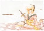  blonde_hair cleavage fate/stay_night fate/zero green_eyes japanese_clothes kimono lily_(vocaloid) saber saber_lily sword vocaloid weapon 