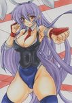  animal_ears blue_leotard borrowed_design breasts bunny_ears cleavage gloves jacket large_breasts leotard long_hair marker_(medium) necktie purple_hair red_eyes red_neckwear reisen_udongein_inaba solo thighhighs thighs touhou traditional_media vest wrestling_outfit yutakasan-love 