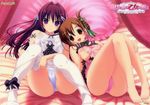  2girls 3: :d absurdres ass bare_legs bare_shoulders barefoot bed braid breasts brown_eyes brown_hair cameltoe covered_nipples erect_nipples feet frills frown hair_ornament hair_ribbon hairclip head_on_shoulder highres kikurage kikurage_(plastic_people) kimi_wo_aogi_otome_wa_hime_ni large_breasts long_hair looking_at_viewer lying miyazono_hitomi multiple_girls nipples off_shoulder on_back open_mouth panties pantyhose pantyhose_pull pillow pink_panties purple_eyes purple_hair ribbon see-through smile strap_slip toes underwear undressing washio_rin white_legwear white_panties 