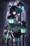  amanokiri blue_eyes blue_hair dress glowing hair_ornament hair_rings hair_stick highres kaku_seiga lantern shawl shoes sitting smile solo touhou vest 