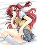  ano_natsu_de_matteru bed bed_sheet blue_eyes breasts glasses kusakabe_rei long_hair lying medium_breasts red_hair school_uniform skirt smile solo sweater_vest takatsuki_ichika twintails 