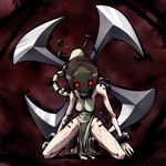  bad_id bad_pixiv_id barefoot black_hair breasts maruwa mask medium_breasts nail nail_polish painwheel_(skullgirls) pelvic_curtain pink_hair red_background red_eyes skullgirls solo toenail_polish veins weapon 