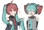  2girls ahoge alternate_hair_color alternate_hairstyle arm_tattoo bare_shoulders black_shirt black_skirt black_sleeves blue_hair blue_necktie buttons closed_eyes collared_shirt detached_sleeves drill_hair grin hatsune_miku highres holding holding_own_hair kasane_teto lemontea_saikou multicolored_hair multiple_girls necktie number_tattoo open_mouth pocket red_eyes red_hair red_tattoo shirt short_hair shoulder_tattoo simple_background skirt smile sweatdrop tattoo twin_drills twintails utau vocaloid white_background wing_collar 