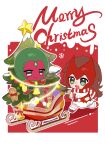  1boy 1girl al_(ahr) bell blush boots border bow box brown_hair chibi christmas christmas_lights christmas_present christmas_stocking christmas_tree closed_mouth coach colored_skin dress english_commentary english_text forehead_jewel fur-trimmed_boots fur-trimmed_dress fur_trim garland_(decoration) gift gift_box green_eyes green_skin highres long_hair long_sleeves looking_at_another looking_at_viewer marvel marvel_cinematic_universe mask mask_on_head merry_christmas mistletoe multicolored_skin open_mouth outside_border pom_pom_(clothes) red_background red_bow red_dress red_footwear red_mask red_scarf red_skin running scarf scarlet_witch shadow smile snowflakes star_(symbol) striped_clothes striped_scarf sweatdrop vision_(marvel) wanda_maximoff wandavision wavy_hair white_border yellow_eyes 