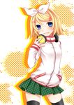  blonde_hair blue_eyes blush bow hair_bow hair_ornament hairclip headphones kagamine_rin short_hair skirt solo thighhighs vocaloid yayoi_(egoistic_realism) zettai_ryouiki 