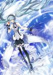  7th_dragon_(series) 7th_dragon_2020 apple aqua_eyes aqua_hair cloud feathers floating_hair food fruit hatsune_miku headphones long_hair piano_keys shoes silversirius skirt sky solo thighhighs twintails very_long_hair vocaloid wind wrist_cuffs zettai_ryouiki 