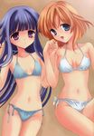  bikini blue_eyes blue_hair flat_chest furude_rika higurashi_no_naku_koro_ni holding_hands houjou_yutori long_hair multiple_girls orange_hair purple_eyes ryuuguu_rena short_hair simple_background smile swimsuit 