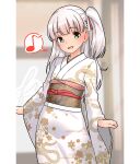  1girl alternate_costume blush chinese_zodiac commentary_request furaggu_(frag_0416) green_eyes grey_hair hair_ribbon highres indoors japanese_clothes kantai_collection kimono long_hair long_sleeves looking_at_viewer maestrale_(kancolle) music musical_note obi one_side_up open_mouth ribbon sash singing smile snake_print solo white_kimono wide_sleeves year_of_the_snake 