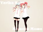  2girls blue_eyes blue_hair fruit green_eyes momone_momo pink_hair skirt stockings thighhighs tie twintails utau yurika_sayu 