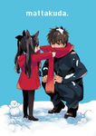  1girl bad_id bad_pixiv_id black_legwear brown_eyes brown_hair child cross fate/zero fate_(series) hair_ribbon kotomine_kirei long_hair ocha_(oteaaa) red_scarf ribbon romaji scarf short_hair snow snowman squatting thighhighs toosaka_rin younger 