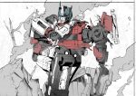  2boys after_battle blue_eyes blue_sclera carrying colored_sclera commentary_request crack d-16 d-16_(transformers_one) damaged highres humanoid_robot juicer113 looking_at_another male_focus mecha multiple_boys optimus_prime optimus_prime_(transformers_one) partially_colored princess_carry robot smoke transformers transformers_one unconscious wire 