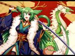  animal_ears antlers dragon dragon_girl dragon_tail fang fur_trim green_hair japanese_clothes kimono konshin letterboxed long_hair monster_girl new_year one_eye_closed open_mouth original red_eyes rising_sun solo sunburst sword tail very_long_hair weapon 