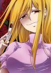  blonde_hair brown_eyes evil_smile flower grin higurashi_no_naku_koro_ni long_hair nurse rose smile solo suzuragi_karin syringe takano_miyo 