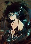  bare_shoulders bikini bikini_top black_bikini black_choker black_hair black_jacket black_ribbon black_rock_shooter black_rock_shooter_(character) blue_eyes blue_hair burning_eye choker collarbone crying crying_with_eyes_open dark_background front-tie_bikini front-tie_top gradient_hair hair_between_eyes jacket long_hair looking_afar looking_away multicolored_hair off_shoulder open_clothes open_jacket ribbon solo star swimsuit tears tragic_comedy twintails 