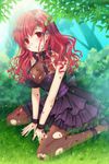  arm_garter artist_request asymmetrical_bangs bangs belt blush bow bush day dirty dress expressionless frilled_dress frills grass long_hair lowres open_mouth outdoors pantyhose red_eyes red_hair ribbon solo sword_girls torn_clothes torn_legwear tree vernika_answer wavy_hair 