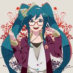  :d aqua_eyes aqua_hair bespectacled bow glasses hair_bow hands_on_headphones hatsune_miku headphones jacket listening_to_music long_hair looking_at_viewer momoiro_oji multicolored multicolored_nails nail_polish open_clothes open_jacket open_mouth red-framed_eyewear round_teeth smile solo teeth twintails upper_body upper_teeth vocaloid 