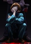  2boys absurdres aged_down axe black_background black_eyes black_footwear black_pants blood blood_on_axe blood_on_ground blue_gakuran blue_jacket blue_pants blush_stickers brown_footwear brown_hair buttons closed_mouth collared_jacket dark elbow_on_knee expressionless fire_axe from_below glasses hand_on_own_cheek hand_on_own_face head_rest head_tilt highres holding holding_axe jacket looking_at_viewer luther_von_ivory male_focus medium_hair multiple_boys nil_(pixiv_53614557) pants randal&#039;s_friends shadow simple_background solo_focus squatting standing swept_bangs 
