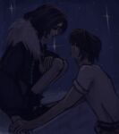  1boy 1girl boots borrowed_clothes brown_hair commentary couple dark english_commentary final_fantasy final_fantasy_viii from_side fur-trimmed_jacket fur_trim heartillycore hetero highres holding_hands jacket light_smile long_hair looking_at_another night night_sky outdoors rinoa_heartilly scar scar_on_face shirt short_hair sky squall_leonhart squatting star_(sky) t-shirt twitter_username white_shirt 