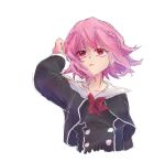  1girl 6 70lio arm_up black_dress black_jacket blue_background blush border buttons chaos;child closed_mouth commentary_request cropped_jacket double-breasted dress general hair_between_eyes hair_flaps jacket long_sleeves looking_at_viewer md5_mismatch non-web_source onoe_serika outside_border purple_eyes purple_hair sailor_collar school_uniform short_hair sidelocks simple_background smile solo split_mouth star_(symbol) tags: upper_body white_border white_sailor_collar 