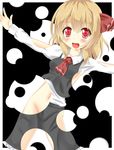  ascot bad_id bad_pixiv_id blonde_hair blush breasts darkness fang groin hair_ornament hair_stick highres mayuzumi_makiha midriff navel no_bra no_panties open_mouth outstretched_arms red_eyes revealing_cutout rumia shirt short_hair sideboob skirt skirt_set small_breasts smile solo touhou vest 
