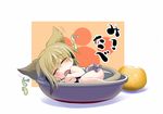  amisu animal_ears blonde_hair bowl cat_ears cat_tail chibi closed_eyes ear_twitch earmuffs food fruit in_container kemonomimi_mode lying mandarin_orange md5_mismatch minigirl neko_nabe on_side open_mouth shirt skirt sleeping solo tail touhou toyosatomimi_no_miko 