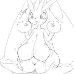anthro big_breasts bodily_fluids breast_shrinking breasts curvy_figure female generation_4_pokemon hi_res huge_breasts lactating looking_at_breasts lopunny milk nintendo nipples obikuragetyan open_mouth pokemon pokemon_(species) raised_arm sitting solo voluptuous