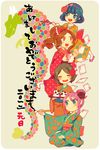  4girls blue_eyes blue_hair brown_hair calligraphy calligraphy_brush conoha green_hair hair_ornament inazuma_eleven inazuma_eleven_(series) japanese_clothes kino_aki kudou_fuyuka long_hair multiple_girls new_year open_mouth otonashi_haruna paintbrush purple_hair raimon_natsumi red_eyes short_hair 