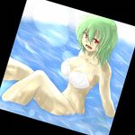  bare_shoulders bikini breasts cleavage green_hair haji_(hajiko) kazami_yuuka large_breasts open_mouth photo_(object) red_eyes solo strap_slip swimsuit touhou water white_bikini 