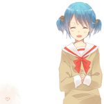  bad_id bad_pixiv_id blue_hair bow closed_eyes hair_cubes hair_ornament hands_together heart lowres naganohara_mio nichijou open_mouth own_hands_together school_uniform shiki_hinako short_hair short_twintails simple_background smile solo tokisadame_school_uniform twintails white_background 