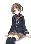  black_legwear brown_eyes brown_hair coat copyright_request hair_ornament hairclip looking_at_viewer miyoshino school_uniform short_hair shorts side_ponytail simple_background sitting solo thighhighs white_background 