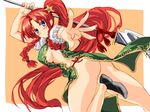 alternate_hairstyle ass blue_eyes blush braid breasts china_dress chinese_clothes dress embellished_costume hong_meiling long_hair looking_at_viewer matsuno_canel medium_breasts naked_tabard no_bra no_panties outstretched_arm polearm ponytail red_hair revealing_clothes shoes sideboob sketch solo star tabard touhou twin_braids very_long_hair weapon 