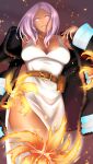  1girl belt black_jacket breasts brown_belt dark-skinned_female dark_skin dress en&#039;en_no_shouboutai fire firefighter_jacket hibana_(enen_no_shoubotai) highres jacket jacket_partially_removed jewelry looking_at_viewer medium_breasts medium_hair necklace pearl_necklace pink_eyes pink_hair reimei33 side_slit smile solo symbol-shaped_pupils white_dress 
