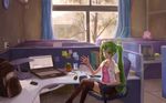 bad_id bad_pixiv_id bespectacled bracelet chair clock computer crossed_legs curtains electric_socket glasses green_eyes green_hair hatsune_miku jewelry lamp laptop lens_flare long_hair megurine_luka necklace office office_chair plant sitting skirt solo spark_(sandro) takoluka thighhighs twintails very_long_hair vocaloid waving window 