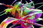  1boy axl_low bandana black_background colorful cowboy_shot cropped_jacket english_commentary fighting_stance foreshortening glaring guilty_gear guilty_gear_strive holding_sickle jacket kama_(weapon) kusarigama long_hair looking_at_viewer maddestmao male_focus open_clothes open_jacket open_mouth sickle simple_background smirk solo standing twitter_username weapon 