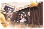  2girls absurdres animal_print animal_slippers architecture arrow_(symbol) artist_request azur_lane bamboo_steamer belly bird_print black_cape black_hair bloomers braid cape chinese_clothes clenched_teeth cooking dudou dutch_angle east_asian_architecture fei_yuen_(azur_lane) fei_yuen_(flying_clouds_flailing_pranks)_(azur_lane) finger_to_mouth frilled_shorts frills fu_po_(azur_lane) fu_po_(mischievous_tidings)_(azur_lane) grin hide_and_seek highres index_finger_raised kitchen kitchen_knife looking_at_viewer manjuu_(azur_lane) midriff multicolored_hair multiple_girls narrowed_eyes navel non-web_source notice_lines official_alternate_costume official_art open_mouth oven_mitts parted_lips petite pom_pom_(clothes) red_shirt reflection reflective_floor shirt shorts shushing slippers smile stomach streaked_hair teeth twin_braids under_table white_bloomers white_hair white_shorts window yellow_eyes 