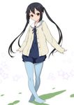  black_hair blue_legwear bow brown_eyes cardigan crossed_legs joy_ride k-on! k-on!_movie long_hair looking_at_viewer nakano_azusa no_shoes outstretched_arms pantyhose sailor_collar solo spread_arms standing twintails white_background 