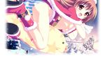  blush breasts brown_eyes christmas christmas_tree highres long_hair medium_breasts panties princess_strike! santa_costume snow solo striped striped_panties tsukishima_yuuko underboob underwear 