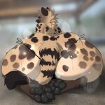 abstract_background all_fours anthro big_butt black_body black_fur blurred_background brown_body brown_fur butt chatski clothing detailed_background digital_media_(artwork) female fur fur_markings hi_res huge_butt huge_hips huge_thighs hyena looking_at_viewer looking_back looking_back_at_viewer mammal markings meme on_ground pawpads paws short_tail solo spots spotted_body spotted_fur tail thick_thighs thong tuft underwear wide_hips