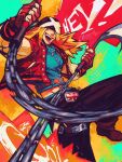  1boy aqua_background axl_low bandana black_bandana black_pants blonde_hair blue_eyes blue_shirt boots brown_footwear colorful_background cowboy_shot english_commentary english_text fingerless_gloves foreshortening gloves guilty_gear guilty_gear_strive highres holding_sickle incoming_attack jacket kama_(weapon) kusarigama letterman_jacket long_hair looking_at_viewer maddestmao male_focus midriff open_clothes open_jacket open_mouth orange_background pants plaid_clothes plaid_jacket red_gloves red_jacket shirt sickle smile solo teeth three_quarter_view tongue union_jack upper_teeth_only weapon zipper_pull_tab 