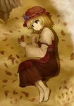  aki_minoriko autumn barefoot blonde_hair blue_door brown_eyes dated dirt dust embellished_costume face feet food frills fruit grapes ground hat leaf lying open_mouth short_hair solo touhou tree 