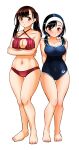  2girls arms_behind_back arms_under_breasts asymmetrical_bangs barefoot bikini black_hair breasts brown_eyes brown_hair character_request cleavage collarbone commentary_request covered_navel criss-cross_halter crossed_arms full_body hairband halterneck highres large_breasts low_twintails medium_breasts multiple_girls navel red_bikini school_swimsuit sideways_glance simple_background sogabe_toshinori standing stomach swimsuit twintails usagi_kanae white_background white_hairband yankee_jk_kuzuhana-chan 