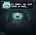 2024 ambiguous_gender ambiguous_pov ambiguous_pred ambiguous_prey angello_(g&amp;j) anthro anthro_pov anthro_prey apology artist_name aymbord black_body black_hands black_sclera blue_eyes blush blush_lines bodily_fluids cheek_spots closed_smile cross-eyed dated digital_media_(artwork) duo ellipsis english_description english_text feet_first first_person_view floating floating_head_creature front_view gaping_mouth ghost ghosts_&amp;_japes ghosts_and_japes glistening glistening_body glistening_eyelids glistening_halo glistening_tongue glowing glowing_body grey_text half-closed_eyes halo hand_on_tongue head_in_mouth heart_eyes heart_symbol in_mouth inside_mouth japes_(japesofcakes) looking_at_another looking_at_mirror looking_at_object looking_at_prey looking_at_self looking_at_viewer looking_into_mouth mammal mirror mouth_closed mouth_shot narrowed_eyes open_:3 open_mouth open_smile oral_head_gulp oral_vore pink_eyes pink_sclera prey_pov reverse_mouth_shot saliva saliva_on_tongue saliva_string scared_expression shaded smile smiling_at_viewer soft_shading soft_vore spirit talking_to_prey talking_to_viewer teal_eyelids teal_glow teal_insides teal_mouth text text_box tongue tongue_out unknown_species vore white_body white_text