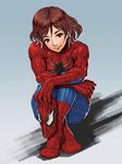  blue_eyes chou_denji_mayuge costume head_tilt lips marvel mask mask_removed red_hair short_hair sitting smile solo spider-girl toned 