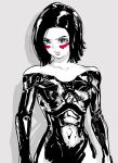  1girl ahn_dongshik alita alita:_battle_angel battle_angel_alita black_hair collarbone cowboy_shot cyberpunk cyborg facial_mark greyscale head_tilt lips looking_at_viewer mechabare mechanical_arms mechanical_legs monochrome nose red_facepaint science_fiction short_hair simple_background solo spot_color thick_lips white_background 