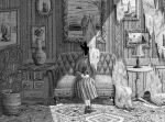  1girl black_skin carpet chest_of_drawers colored_skin couch crosshatching greyscale hatching_(texture) highres holding holding_stuffed_toy horror_(theme) jacket lamp lapels long_skirt looking_at_viewer monochrome no_mouth original painting_(object) plant pleated_skirt potted_plant ryaw skirt solo stuffed_toy table torn vase wallpaper_(object) 