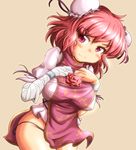  bandages blush breasts bun_cover chinese_clothes cuffs double_bun flower hands_on_own_chest ibaraki_kasen large_breasts no_pants orange_background panties pink_eyes pink_flower pink_hair pink_rose rose short_hair simple_background skirt skirt_removed solo string tabard touhou underwear wavy_mouth yoriyuki_chiyo 