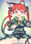  animal_ears bad_id bad_pixiv_id bell braid cat_ears cat_tail dress extra_ears fangs jingle_bell kaenbyou_rin konata_gazel multiple_tails panties pantyshot pantyshot_(sitting) pointy_ears red_eyes red_hair short_hair sitting solo tail touhou twin_braids twintails underwear wariza white_panties 