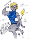  alebrije alebrijeman anthro blonde_hair breasts clothing cute denim_shorts female hair happy horn mammal muscles muscular_female reina rhino rhinoceros rino shorts spanish_text text translated 