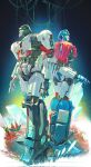  2boys absurdres back-to-back blue_sclera colored_sclera corrupted_twitter_file crystal d-16 d-16_(transformers_one) full_body highres humanoid_robot juicer113 mecha megatronus multiple_boys optimus_prime optimus_prime_(transformers_one) parted_lips plant profile red_sclera robot sticker sticker_on_shoulder transformers transformers_one vines white_eyes yellow_eyes 